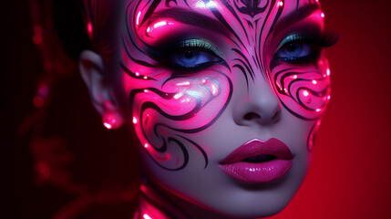Beauty woman face painted in pink color paint