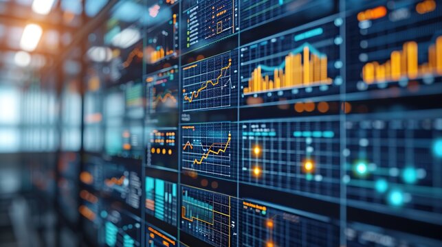 Multiple screens displaying dynamic financial charts and data analysis in a high-tech monitoring setup.