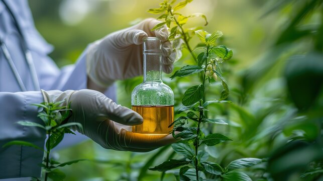 A scientist in protective gloves carefully holds a glass flask containing a plant extract, surrounded by lush greenery in a botanical research setting.