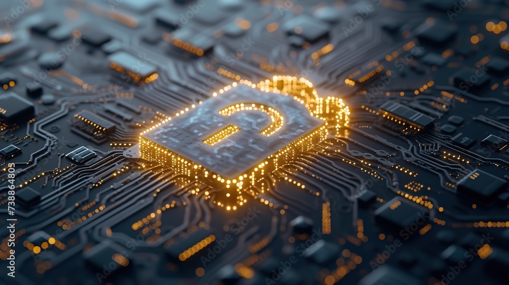 Poster a conceptual image of a glowing security padlock icon on a microchip, symbolizing digital data prote