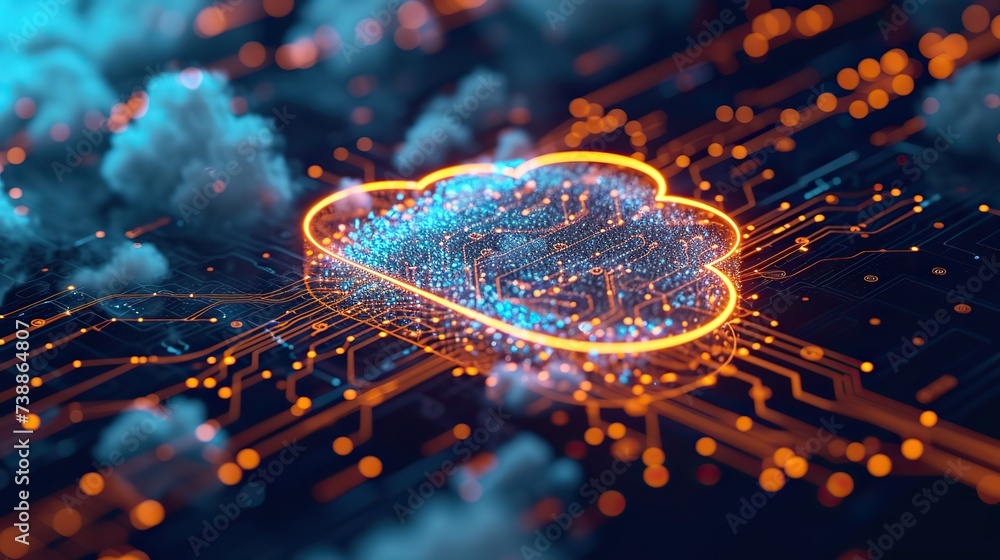 Poster cloud symbol glowing on a circuit board, illustrating cloud computing technology and data storage.