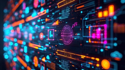 Obraz premium Cybersecurity digital interface with advanced network monitoring graphics and vibrant neon lights.