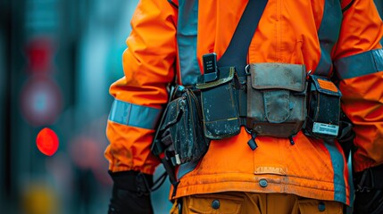 Close-up of a construction worker's midsection with a well-equipped tool belt and high-visibility safety vest on a work site.