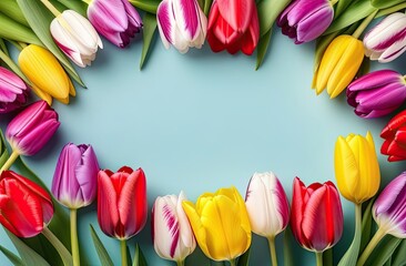 Pastel colors frame with free place for text made from lot of tulips. Greeting card for spring holidays. Template for Birthday, Women's Day, Mother's Day. Floral picture.