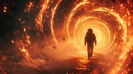 An astronaut ventures through a swirling tunnel of golden light, capturing the essence of space exploration and the unknown. - obrazy, fototapety, plakaty