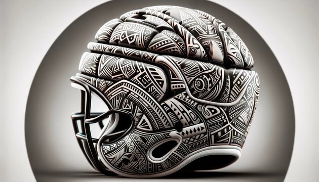 Rugby helmet adorned with tribal patterns positioned centrally in the image, against a neutral background to emphasize the complexity and beauty of the tribal designs.