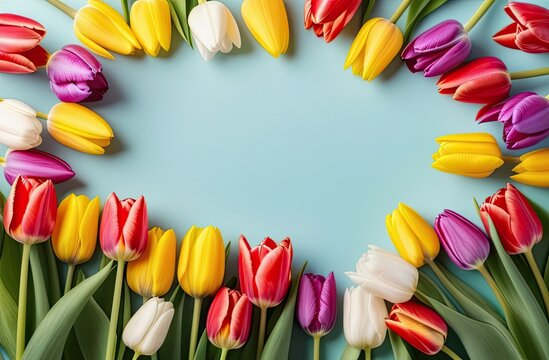 Pastel colors frame with free place for text made from lot of tulips. Greeting card for spring holidays. Template for Birthday, Women's Day, Mother's Day. Floral picture.