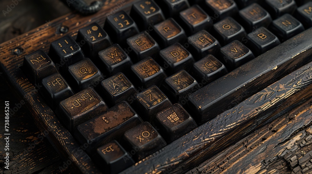 Poster close-up of an antique-style mechanical keyboard with golden characters on weathered wooden backgrou