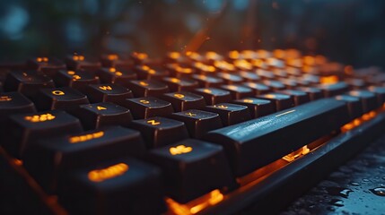 Close-up of a mechanical keyboard with orange backlighting and water droplets, suggesting a moody, atmospheric setting. - obrazy, fototapety, plakaty
