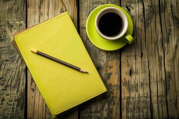 Notebook with Pencil and Coffee on Wooden Table: Top View