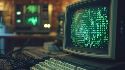 A vintage computing environment showcasing a CRT monitor with green text code and an old keyboard with warm ambient lighting. - obrazy, fototapety, plakaty