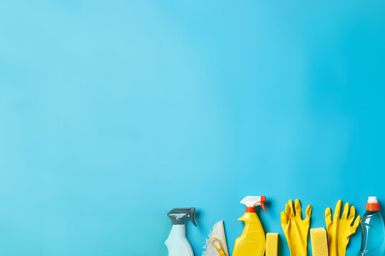 nettoyage et m&eacute;nage. Produits d'entretien m&eacute;nager sur fond bleu avec espace n&eacute;gatif pour texte copyspace. Spray, gants, chiffon, &eacute;ponge 