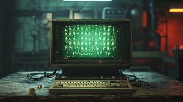 An atmospheric shot of a vintage computer terminal displaying matrix-style green code in an industrial setting with warm backlighting.