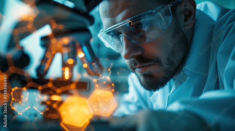 Poster engaged male scientist with protective eyewear working with a microscope amidst digital molecular st