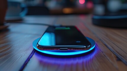 A modern smartphone wirelessly charging on a glowing blue charger pad, casting a cool hue on a wooden surface.