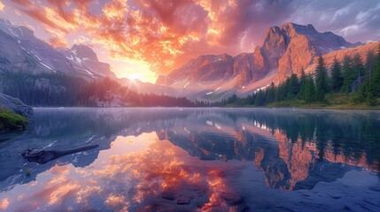 Fototapeta na wymiar Sunrise illuminates the sky with fiery colors, reflecting on the tranquil waters of an alpine lake surrounded by rugged mountains.