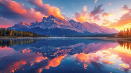 A serene sunset casts vibrant colors across the clouds and mountain peaks, mirrored perfectly in the still waters of a picturesque lake.