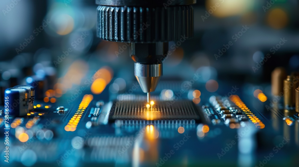 Poster close-up of an automated machine calibrating on a semiconductor chip with vibrant electronic backgro