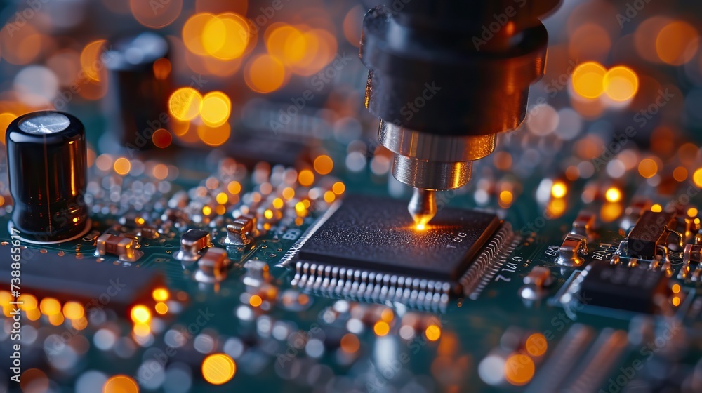 Poster macro view of a machine drilling on a circuit board, with intricate electronic components and glowin