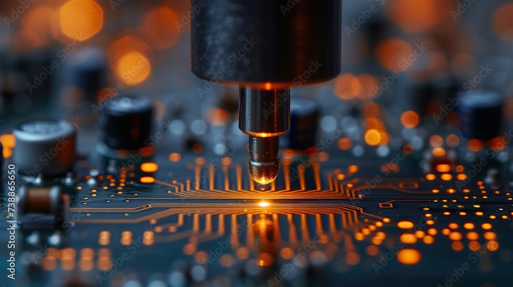 Poster a close-up of a precision drilling machine creating patterns on a pcb amidst glowing orange lights.