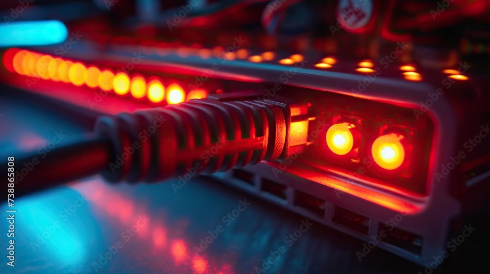 Poster close-up of a network cable securely connected to a server rack with glowing red lights indicating a