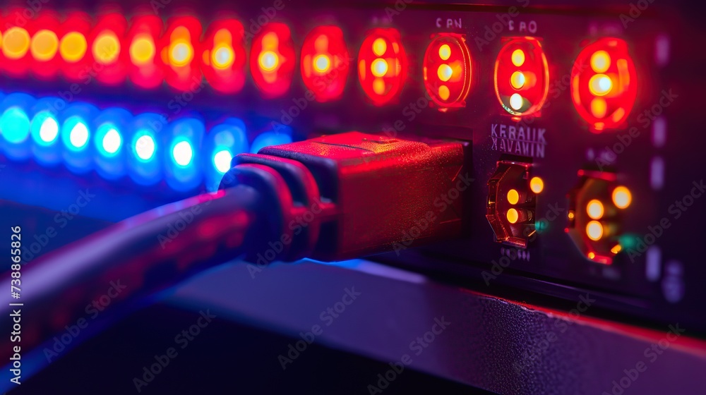 Poster a vibrant ethernet plug connected to a server with illuminated red and blue lights, depicting active