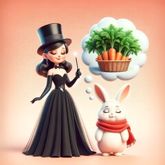 Fototapeta premium 3D Magician Girl and Dreaming Rabbit with Carrot Basket