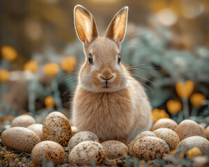 Fototapeta na wymiar Easter Bunny Surrounded by Easter Eggs