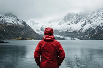 Man in Red Jacket Overlooking Snowy Mountains by a Lake