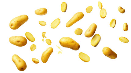Falling fresh potatoes isolated on transparent a white background