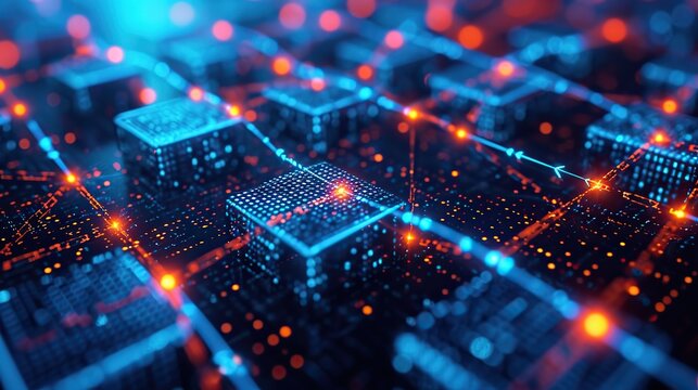 Digital visualization of quantum computing processors with glowing nodes and interconnections, representing high-speed data processing and futuristic technology.