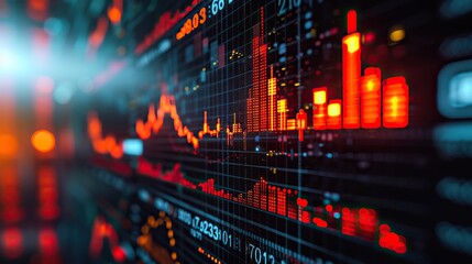 Obraz premium A dynamic and detailed visualization of stock market data with graphs, bars, and numbers glowing on a digital screen, representing financial trading activity.