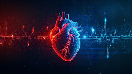 Digital 3D illustration of a human heart with blue digital red and blue cardiac pulse line. on a black background with copy space. Heart health, cardiology, cardiovascular disease concept - obrazy, fototapety, plakaty