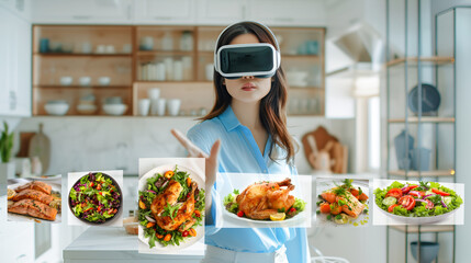 A young Asian woman in white virtual reality glasses cooks in her home kitchen and flips through virtual photos of recipes.