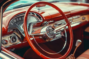 Fototapeten Vintage Car Interior: Steering Wheel and Dashboard Close-Up © steffenak