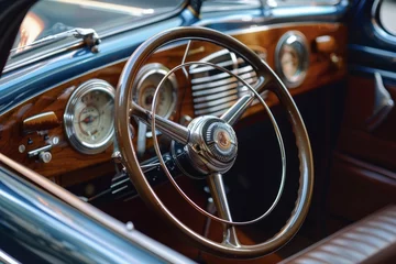 Foto op Canvas Vintage Car Interior: Steering Wheel and Dashboard Close-Up © steffenak