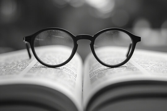 An intimate photo of a pair of reading glasses placed on top of an open textbook, highlighting the dedication to absorbing knowledge, minimalistic style,