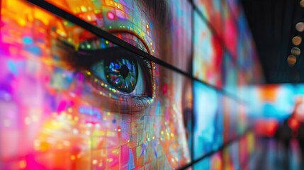 A striking close-up of a human eye on a high-definition display, with vibrant digital art colors reflecting in the iris.