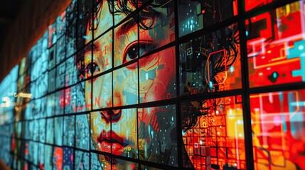 An abstract mural of a woman's face displayed across a video wall, composed of various digital panels with vivid graphic elements.