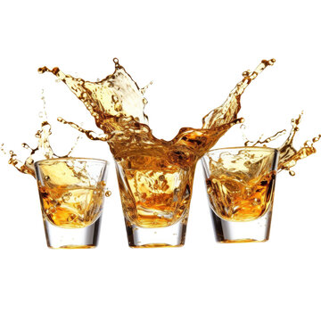 Glasses shot of tequila making toast with splash isolated on transparent a white background