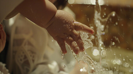 A close-up of the baby's tiny hand reaching out as the priest sprinkles holy water during the baptismal rite, capturing the solemnity of the moment.