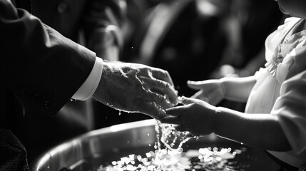 A close-up of the baby's tiny hand reaching out as the priest sprinkles holy water during the baptismal rite, capturing the solemnity of the moment. - obrazy, fototapety, plakaty