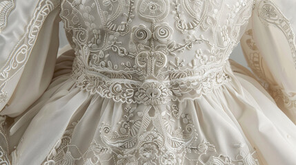 A beautiful baptismal gown adorned with delicate lace and intricate embroidery, symbolizing purity and the start of a spiritual journey.