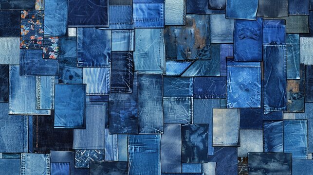 patchwork denim textures pattern background. 
a creative use for recycled material. Fashion design