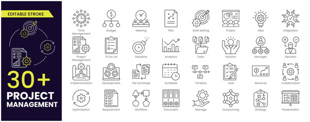 Project management Editable Stroke icon collection. Time management and planning concept. Editable Outline icon set.