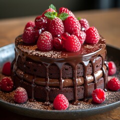 A close-up of a decadent chocolate cake with layers of ganache, adorned with raspberries and dusted cocoa powder, perfect for showcasing indulgent desserts.