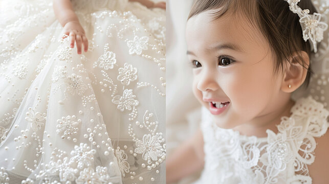 A pristine white baptismal gown adorned with intricate lace and delicate pearl embellishments, exuding elegance and purity.