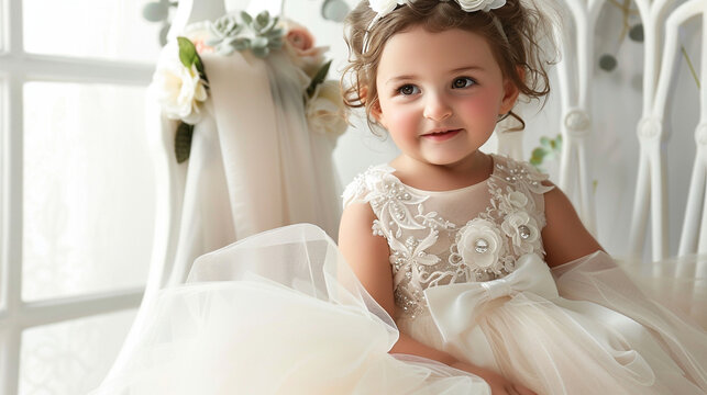 A charming baby girl's dress featuring layers of soft tulle and satin, accented with delicate floral appliqués and satin ribbons for a timeless look.