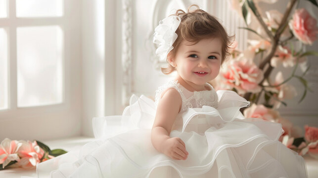 A charming baby girl's dress featuring layers of soft tulle and satin, accented with delicate floral appliqués and satin ribbons for a timeless look.