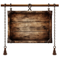 Medieval wooden sign hanging on chains isolated on transparent a white background
